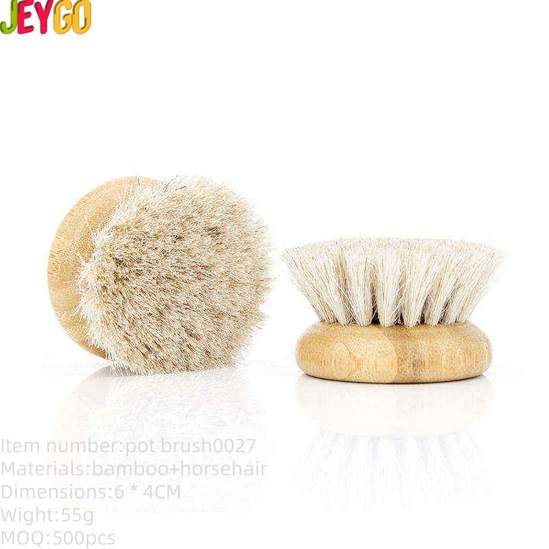 round bamboo pot brush with horsehair bristles for cleaning dishes and cookware