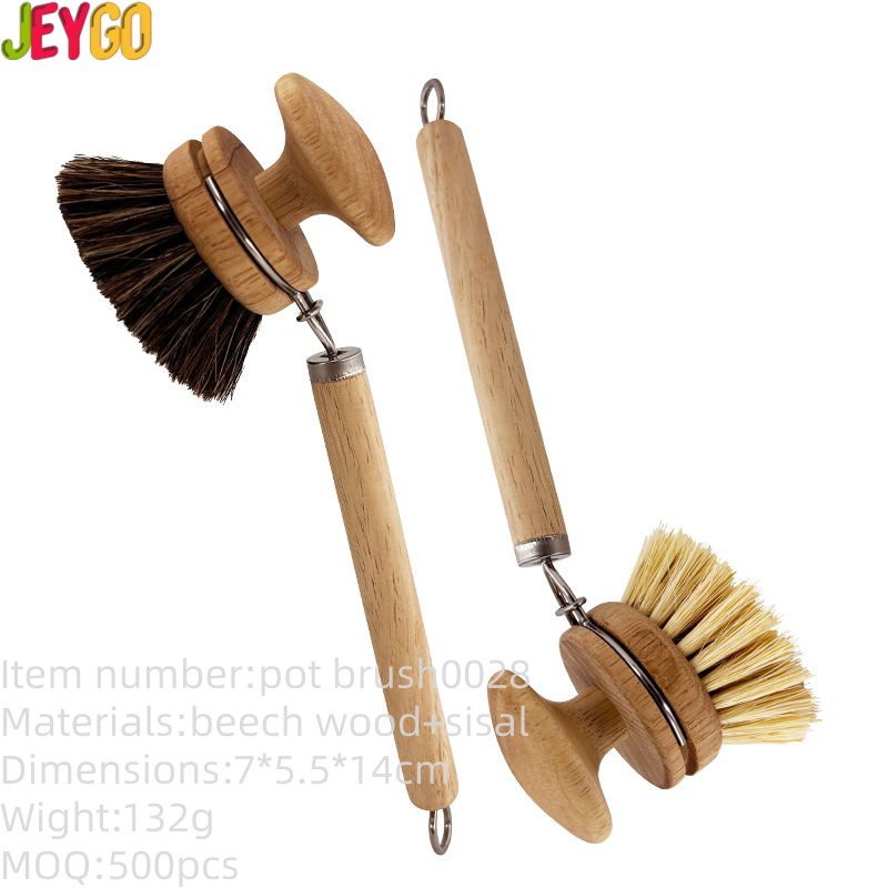 eco-friendly beech wood dish brush with replaceable sisal bristle head for kitchen cleaning