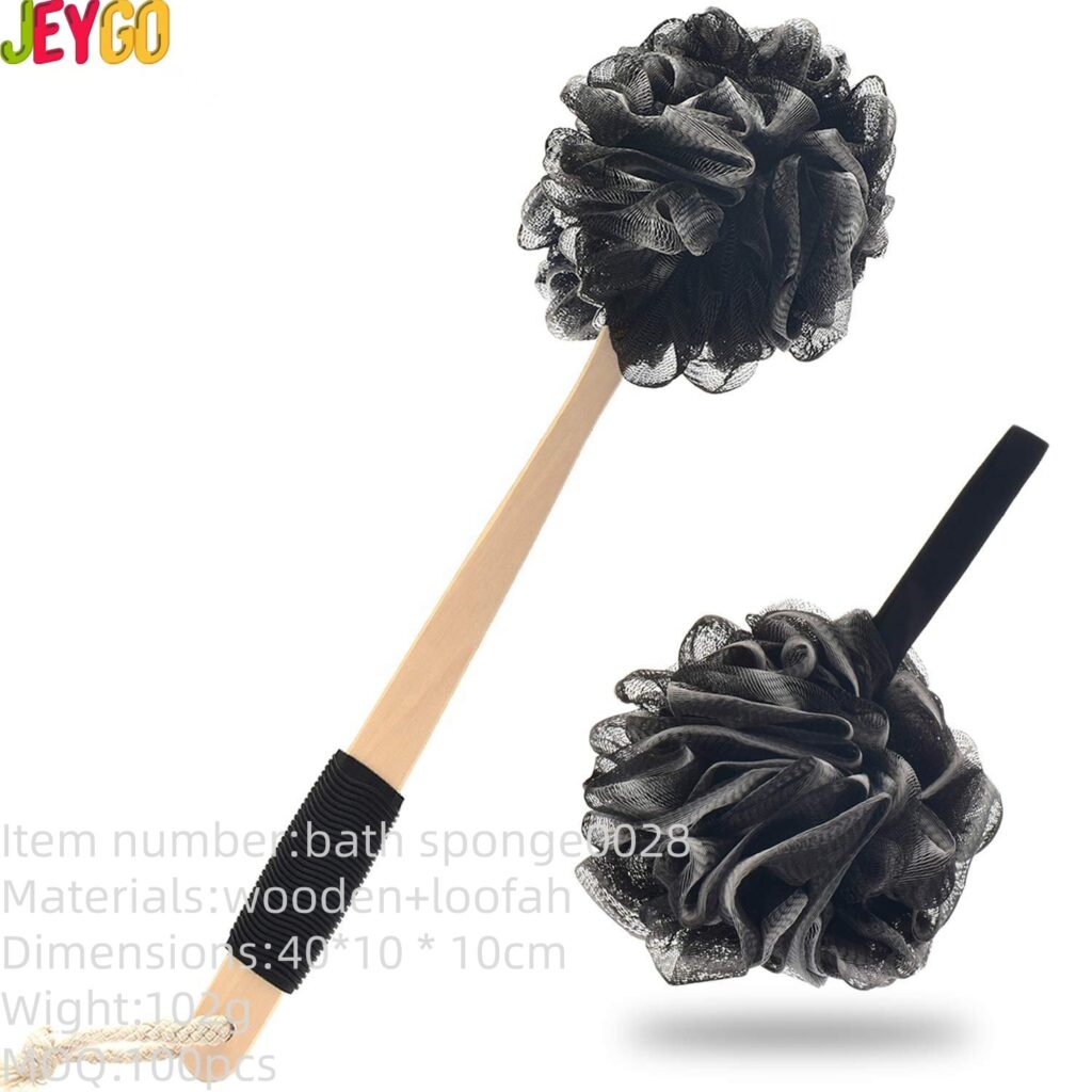 Long handle bath brush with mesh loofah sponge for back cleaning and exfoliating in shower