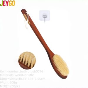 Long curved wooden handle bath brush with boar bristles for body massage and daily back cleaning
