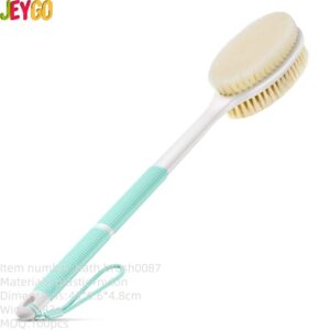 Long handle back scrubber with soft bristles and non-slip grip for body cleaning and shower use