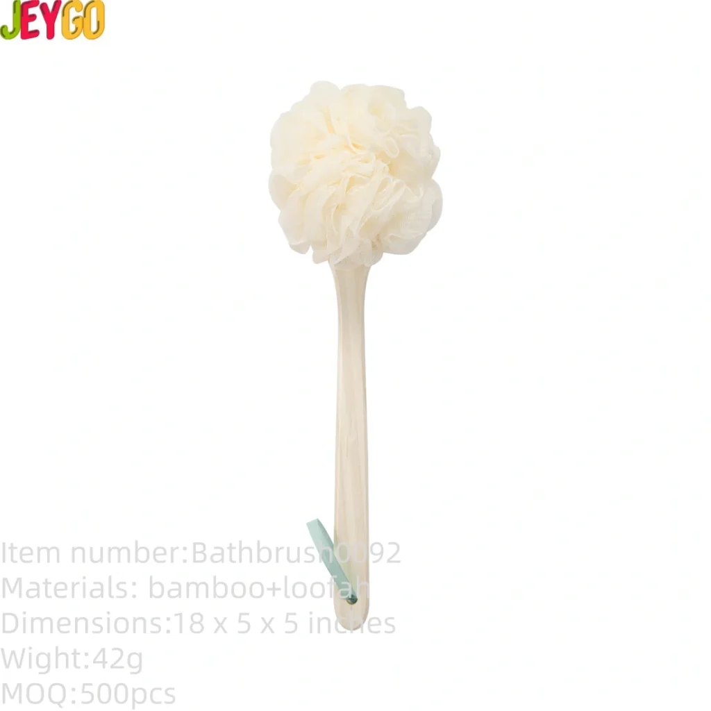 Long handle wooden body scrubber with soft mesh loofah sponge for back cleaning and shower use