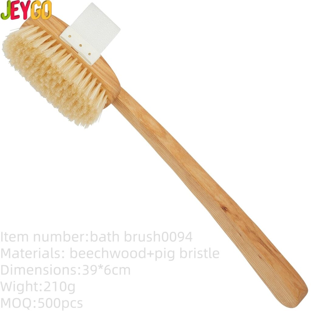 Long handle beechwood bath brush with bristles for back cleaning and body massage in shower