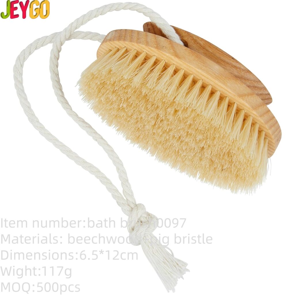 Wooden body brush with pig bristles and rope for dry skin exfoliation and cellulite care