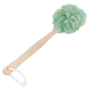 Long handle bath brush with soft luffa scrub ball for exfoliating and body cleansing in shower
