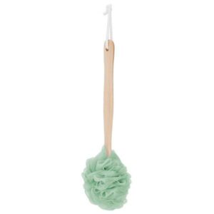 Long handle bath brush with soft luffa scrub ball for exfoliating and body cleansing in shower