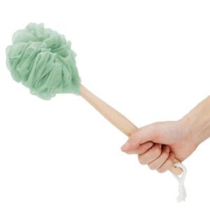 Long handle bath brush with soft luffa scrub ball for exfoliating and body cleansing in shower