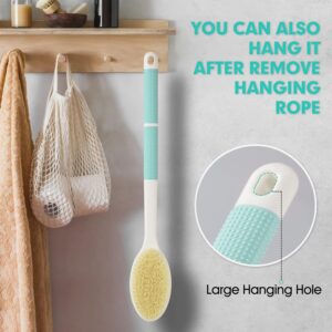 Long handle back scrubber with soft bristles and non-slip grip for body cleaning and shower use