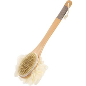 Long handle wooden body brush with bristles and loofah sponge for exfoliating, cleansing, and body massage