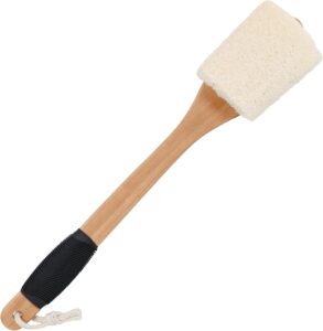 Natural loofah bath brush with wooden handle for body exfoliation and back scrubbing in shower or spa use