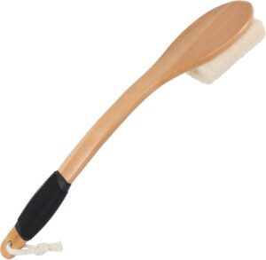 Natural loofah bath brush with wooden handle for body exfoliation and back scrubbing in shower or spa use