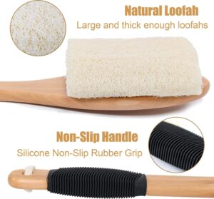 Natural loofah bath brush with wooden handle for body exfoliation and back scrubbing in shower or spa use