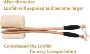 Natural loofah bath brush with wooden handle for body exfoliation and back scrubbing in shower or spa use