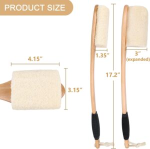Natural loofah bath brush with wooden handle for body exfoliation and back scrubbing in shower or spa use