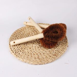Bamboo handle dish brush with coconut fiber bristles for cleaning pots, pans, and kitchenware