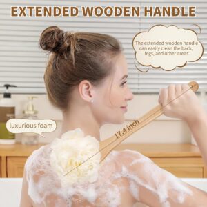 Long handle wooden body brush with bristles and loofah sponge for exfoliating, cleansing, and body massage