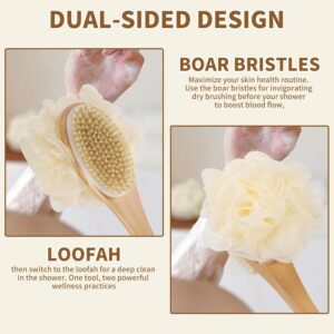 Long handle wooden body brush with bristles and loofah sponge for exfoliating, cleansing, and body massage