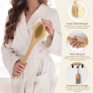 Long handle wooden body brush with bristles and loofah sponge for exfoliating, cleansing, and body massage