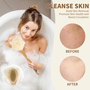 Long handle wooden body brush with bristles and loofah sponge for exfoliating, cleansing, and body massage