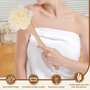 Long handle wooden body brush with bristles and loofah sponge for exfoliating, cleansing, and body massage