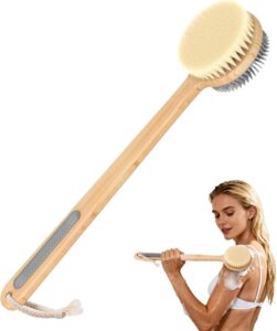 Double-sided long handle shower brush with soft bristles for gentle body cleansing and exfoliation