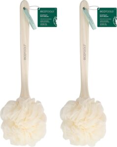 Long handle wooden body scrubber with soft mesh loofah sponge for back cleaning and shower use
