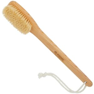 Long curved handle body brush with sisal bristles for exfoliating, dry brushing, and back cleaning
