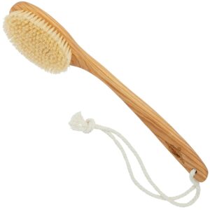 Long handle ashwood body brush with bristles for exfoliating and cleaning the back during shower