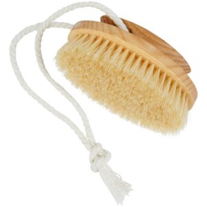Wooden body brush with pig bristles and rope for dry skin exfoliation and cellulite care