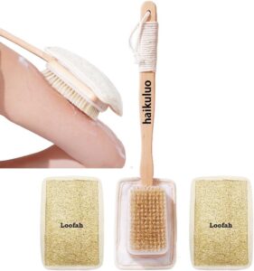 Long handle wooden body brush with bristles and removable loofah pad for exfoliating and cleansing skin