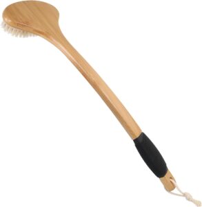 Double-sided bamboo body brush with long handle and bristles for exfoliation, cellulite care, and back cleaning