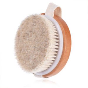 Round handheld body brush with boar bristles and strap for dry brushing and shower exfoliation