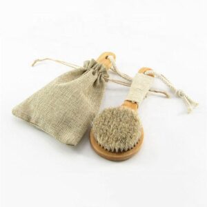 Wood handle body brush with natural bristles and pouch for dry skin exfoliation and shower use