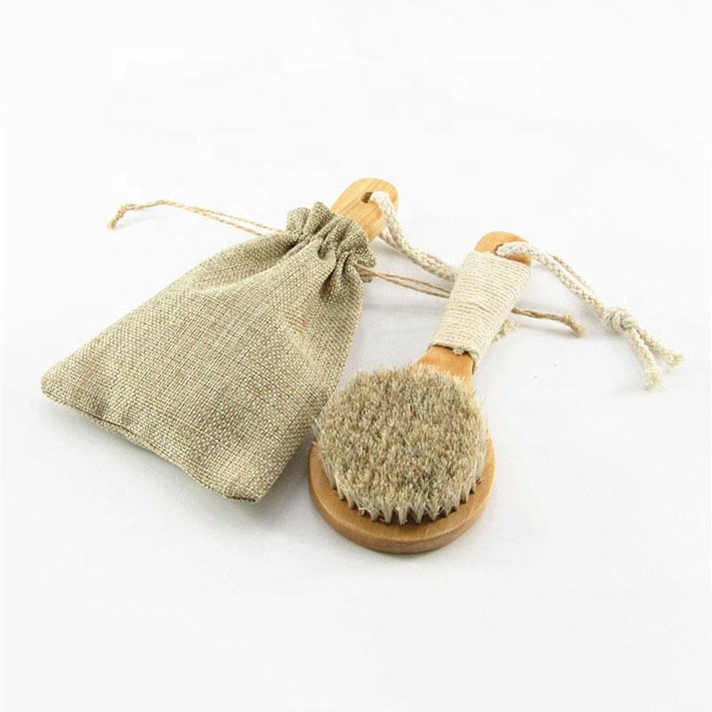 Wood handle body brush with natural bristles and pouch for dry skin exfoliation and shower use