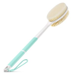 Long handle back scrubber with soft bristles and non-slip grip for body cleaning and shower use