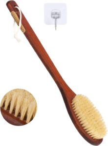 Long curved wooden handle bath brush with boar bristles for body massage and daily back cleaning