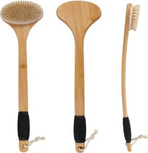 Double-sided bamboo body brush with long handle and bristles for exfoliation, cellulite care, and back cleaning