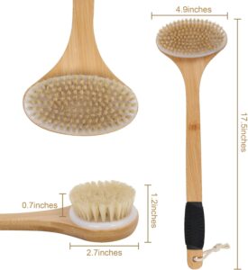 Double-sided bamboo body brush with long handle and bristles for exfoliation, cellulite care, and back cleaning