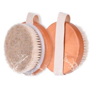 Round handheld body brush with boar bristles and strap for dry brushing and shower exfoliation