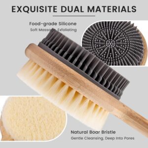 Double-sided long handle shower brush with soft bristles for gentle body cleansing and exfoliation