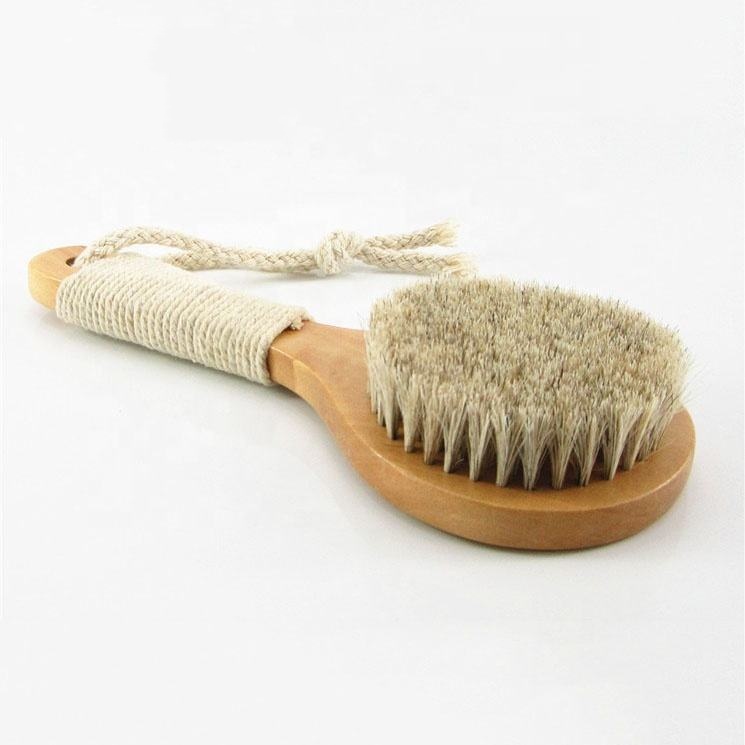 Wood handle body brush with natural bristles and pouch for dry skin exfoliation and shower use