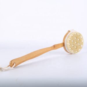 Detachable bamboo back brush with stiff and soft bristles for exfoliating and cleaning the body in shower