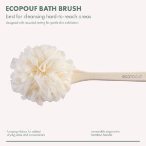 Long handle wooden body scrubber with soft mesh loofah sponge for back cleaning and shower use