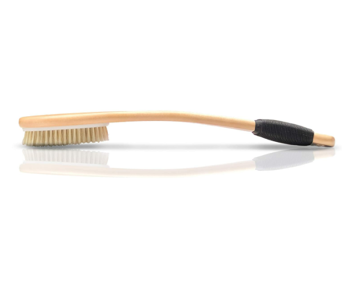 Wooden long handle body brush with natural boar bristles for dry brushing, exfoliation, and full body skincare routine