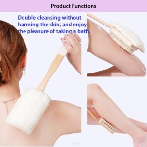 Long handle wooden body brush with bristles and removable loofah pad for exfoliating and cleansing skin
