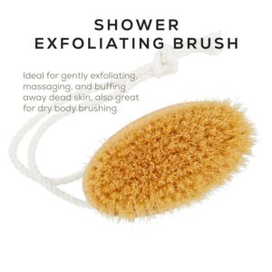 Wooden body brush with pig bristles and rope for dry skin exfoliation and cellulite care
