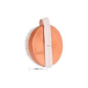 Round handheld body brush with boar bristles and strap for dry brushing and shower exfoliation
