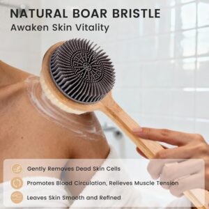 Double-sided long handle shower brush with soft bristles for gentle body cleansing and exfoliation