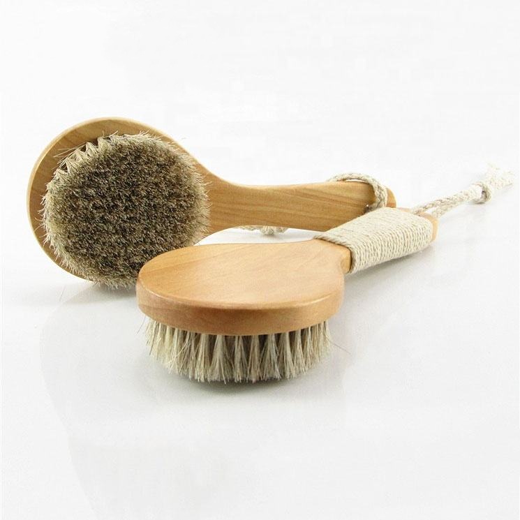 Wood handle body brush with natural bristles and pouch for dry skin exfoliation and shower use