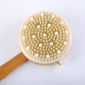 Detachable bamboo back brush with stiff and soft bristles for exfoliating and cleaning the body in shower